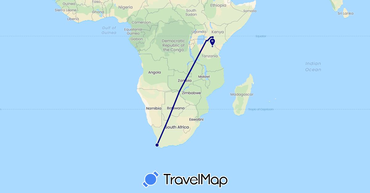 TravelMap itinerary: driving, plane in Kenya, Tanzania, South Africa, Zambia (Africa)